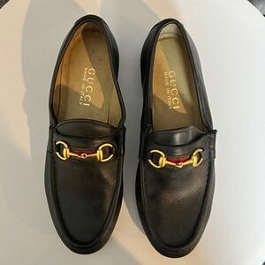 Gucci Black Leather Horsebit Loafers Web Stripe Gold Hardware 6.5B Made in Italy